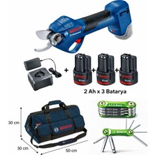 Bosch Pro Pruner Şarjlı Dal Budama Makası 3× 2 Ah Batarya + M Beden Çanta + 8 Li Allen Seti