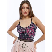 S-Ponder Kadın Güllü Kurukafa Desenli Ip Askılı Tül Detaylı Crop Büstiyer