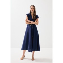 Gusto Yakalı Kemerli Uzun Tencel Elbise - Lacivert