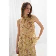 Gusto Eco Print Iz Koleksiyonu Asimetrik Şifon Bluz - Bej