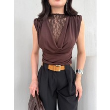 Elaxi Kadın Degaje Yaka Sıfır Kol Dantelli Sandy Bluz