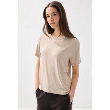 Gusto Bisiklet Yaka Melanjlı Bambu Tshirt - Bej