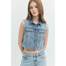 Denim Trip Regular Crop Fit Açık Indigo Kadın Jean Yelek