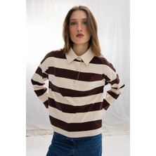 Gusto Polo Yaka Çizgili Pamuk Uzun Kollu Tshirt - Kahverengi