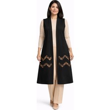 Mutlu City Kadın Orta Yaş Desenli Rahat Kalıp Volanlı Penye Anne Uzun Yelek 4328