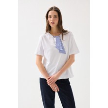 Gusto Yakası Fularlı Pamuk Tshirt - Beyaz