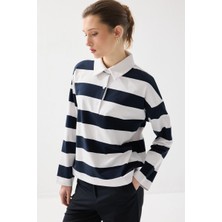 Gusto Polo Yaka Çizgili Pamuk Uzun Kollu Tshirt - Lacivert