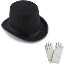 DS LLC Ieg™ Siyah Sihirbaz Fötr Şapka 15 cm - 1 Çift Beyaz Sihirbaz Eldiveni - Yetişkin Bo