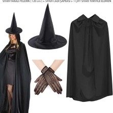 DS LLC Ieg™ 120 cm Siyah Yakalı Cadı Pelerini Cadı Şapkası ve 1 Çift Siyah Kısa File Tüm Eldiv