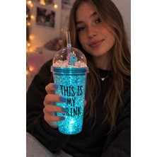 Biton Toptan My Drink Temalı LED Işıklı Pipetli Suluk Buz Görünümlü 450 ml Çift Katman Mika Su Şişesi 2642 Mavi