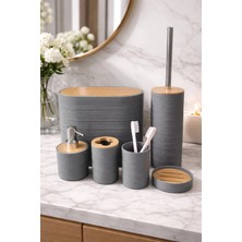 Makri Home 6 Parça Gri Banyo Seti, Bambu Detaylı, 8l Çöp Kovası 24X26X16 cm