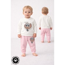Miniel Unisex Bebek Rakun Baskılı %100 Pamuklu 6-9-12 Ay Alt Üst 2'li Bebek Takımı