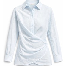 Mixray 4856 Kadın Kruvaze Kesim Kuşaklı Uzun Kollu Çizgili Gömlek Mavi