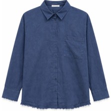 Mixray 4640 Kadın Pis Dikişli Oversize Keten Gömlek Lacivert