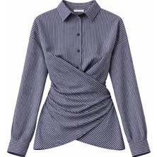 Mixray 4856 Kadın Kruvaze Kesim Kuşaklı Uzun Kollu Çizgili Gömlek Lacivert