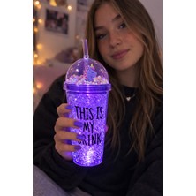 Biton Toptan My Drink Temalı LED Işıklı Pipetli Suluk Buz Görünümlü 450 ml Çift Katman Mika Su Şişesi 2642 Mor