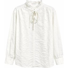 Mixray 4824 Kadın Fırfır Detaylı Bağlamalı Hakim Yaka Uzun Kol Bluz Ekru