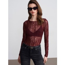 Dilvin 32764 Kayık Yaka Dantel Top-Bordo