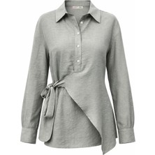 Mixray 4864 Kadın Asimetrik Yandan Bağlamalı Uzun Kollu Gömlek Haki