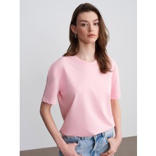 Dilvin 30312 %100 Pamuk Dekoratif Dikişli Bisiklet Yaka T-Shirt-Toz Pembe