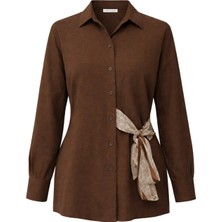 Mixray 4859 Kadın Bağlaması Fular Detaylı Hafif Trasparan Gömlek Kahve