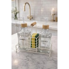 Makri Home Lüks Bambu Kulplu Beyaz Metal Stantlı Ikili Cam Sıvı Sabunluk 500 Ml, 23X9X23,5 cm