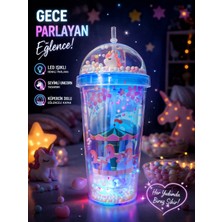 Hediye Filesi Atlı Karınca Temalı Suluk Pipetli Buzlu Cam Görünümlü LED Işıklı 450 ml Çift Katman Mika Mavi 2649
