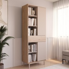 Robin Home Luka Kitaplık Raf Ahşap Ayaklı 189CM 2 Kapaklı Çekmeceli Kumsal-Sepet