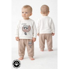 Miniel Unisex Bebek Rakun Baskılı %100 Pamuklu 6-9-12 Ay Alt Üst 2'li Bebek Takımı