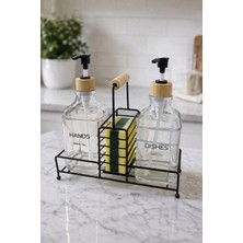 Makri Home Lüks Bambu Kulplu Siyah Metal Stantlı Ikili Cam Sıvı Sabunluk 500 Ml, 23X9X23,5 cm