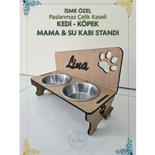 Ma'Vessa Isme Özel Paslanmaz Çelik Kâseli Ahşap Kedi ve Köpek Mama Su Kabı Standı, Kedi ve Köpek Mama Su Kabı