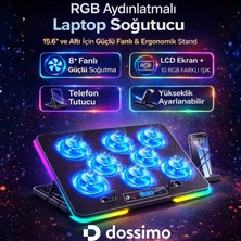 Dossimo Nitro Rgb Işıklı 8 Fanlı LCD Göstergeli 2 USB Girişli Yükselebilen Notebook Soğutucu S23