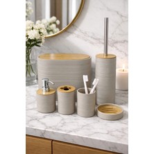 Makri Home 6 Parça Toprak Banyo Seti, Bambu Detaylı, 8l Çöp Kovası 24X26X16 cm