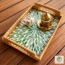 Renesse Home Cenne El Yapımı Kulplu Sedefli Rattan Tepsi – Sunum ve Dekoratif Servis Tepsisi (20X30CM)