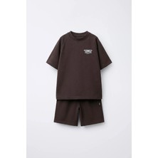 Magu Erkek Çocuk Pamuklu Kahverengi Slogan Baskılı Tişört Şort Takım