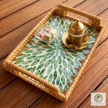 Renesse Home Cenne El Yapımı Kulplu Sedefli Rattan Tepsi – Sunum ve Dekoratif Servis Tepsisi (23x33cm)