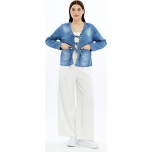 Select Moda Kadın Denim V Yaka Önden Cepli Bağlama Detaylı Ceket/hırka