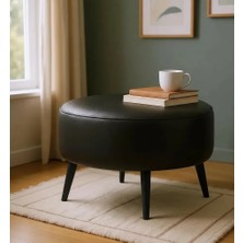 Waterybrook Suni Deri Large Puf - Siyah Ahşap Ayaklı - Retro Modern Tasarım & Dekoratif Sehpa