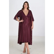 Marsilyan-  Premium Büyük Beden Saten Dantel Işlemeli Mürdüm Uzun 2'li Gecelik Sabahlık Takımı Bigsize