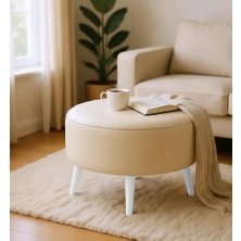 Waterybrook Suni Deri Large Puf - Beyaz Ahşap Ayaklı - Retro Modern Tasarım & Dekoratif Sehpa