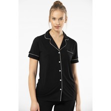 Türen 3368 Kadın Kısa Kollu Gömlek Yaka Pijama Takım-Siyah