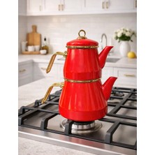 Noah Exclusive Emaye 3 Parça Paslanmaz Çelik Emaye Çaydanlık - Kırmızı (1 Lt Ust-2 Lt Alt  Hacımli)