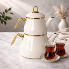 Noah Exclusive Emaye 3 Parça Paslanmaz Çelik Emaye Çaydanlık - Krem (1 Lt Ust-2 Lt Alt  Hacımli)