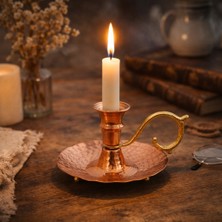 Nuha Bakır Mumluk Dekoratif – Vintage Saplı Şamdan – Rustik Ev Dekoru – Masa Üstü Mumluk