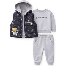 Wow Erkek Bebek 3’lü Takım – Uzay Desenli Şişme Yelek, Sweatshirt ve Eşofman Altı