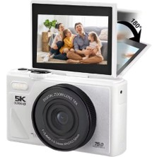 Yeco 5k Dijital Kamera 75MP, 18X Zoom, Flaşlı, Beyaz Renk, Vlog Kamera, Mp4 Video, Türkçe Menü