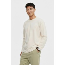Erkek Ekru Basic Bisiklet Yaka Uzun Kollu T-Shirt %100 Pamuk Sweatshirt