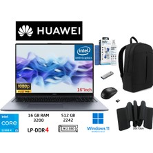 Huawei matebook D16 Intel Core I5 12450H 16GB 512GB SSD W11 Pro 16" Duddi Çanta+Mouse+Mousepad+Usbbellek+Temizlikkit