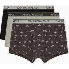 Emporio Armani Erkek Üçlü Paket Esnek Pamuklu Elastik Bel Bantlı Desenli Siyah-Bej Boxer EM000370 AF20669-M7115