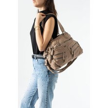 571 Collections Çanta Yıkama Deri Çok Gözlü, Omuz ve Kol Çantası Vizon MODEL:(571-14-18F)